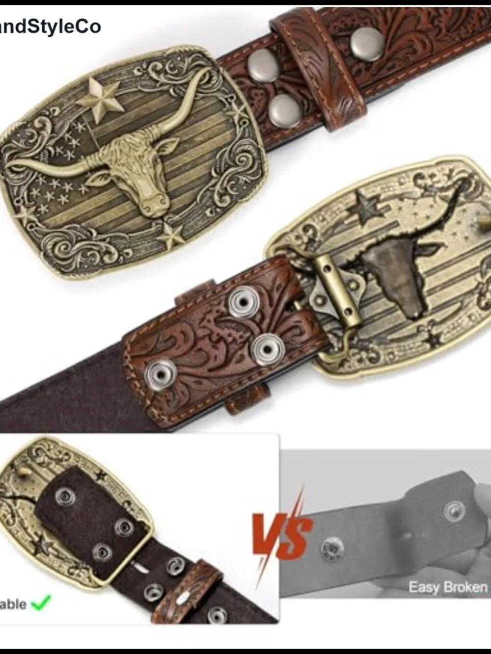 Western Cowboy Belt Leather Bull Buckle for Men Women